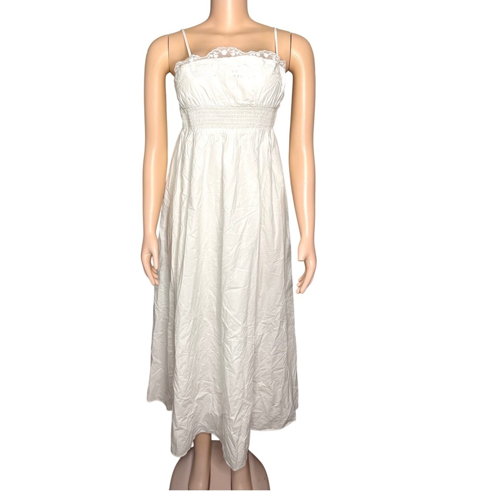 Zara Women's Cotton Eyelet Boho Summer Smocked Strappy Midi Dress Size Lg White